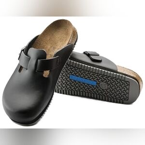 Birkenstock Boston Super Grip Clogs Black Leather Cork Footbed UNISEX Sz 42